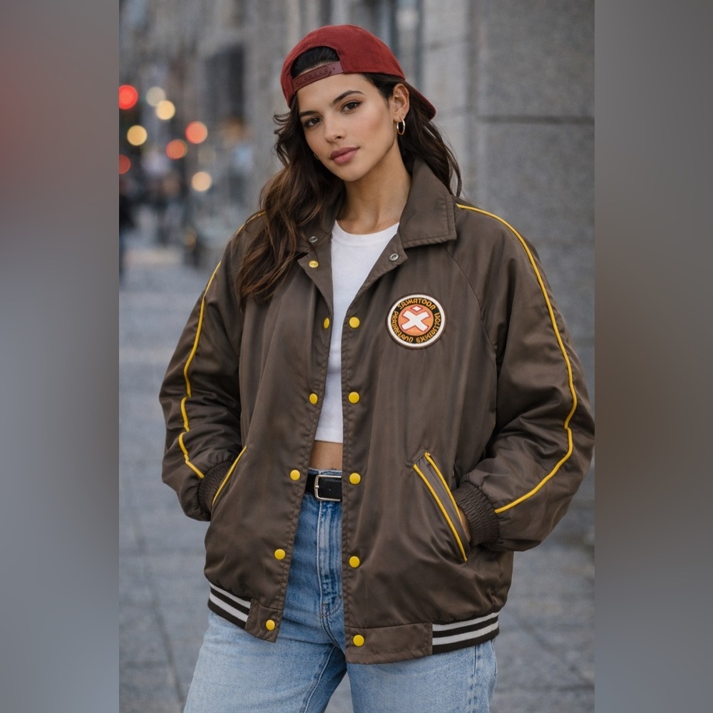 Vintage 1970s Retro Nylon Jacket Brown & Yellow Varsity Style Patch Detail Rare